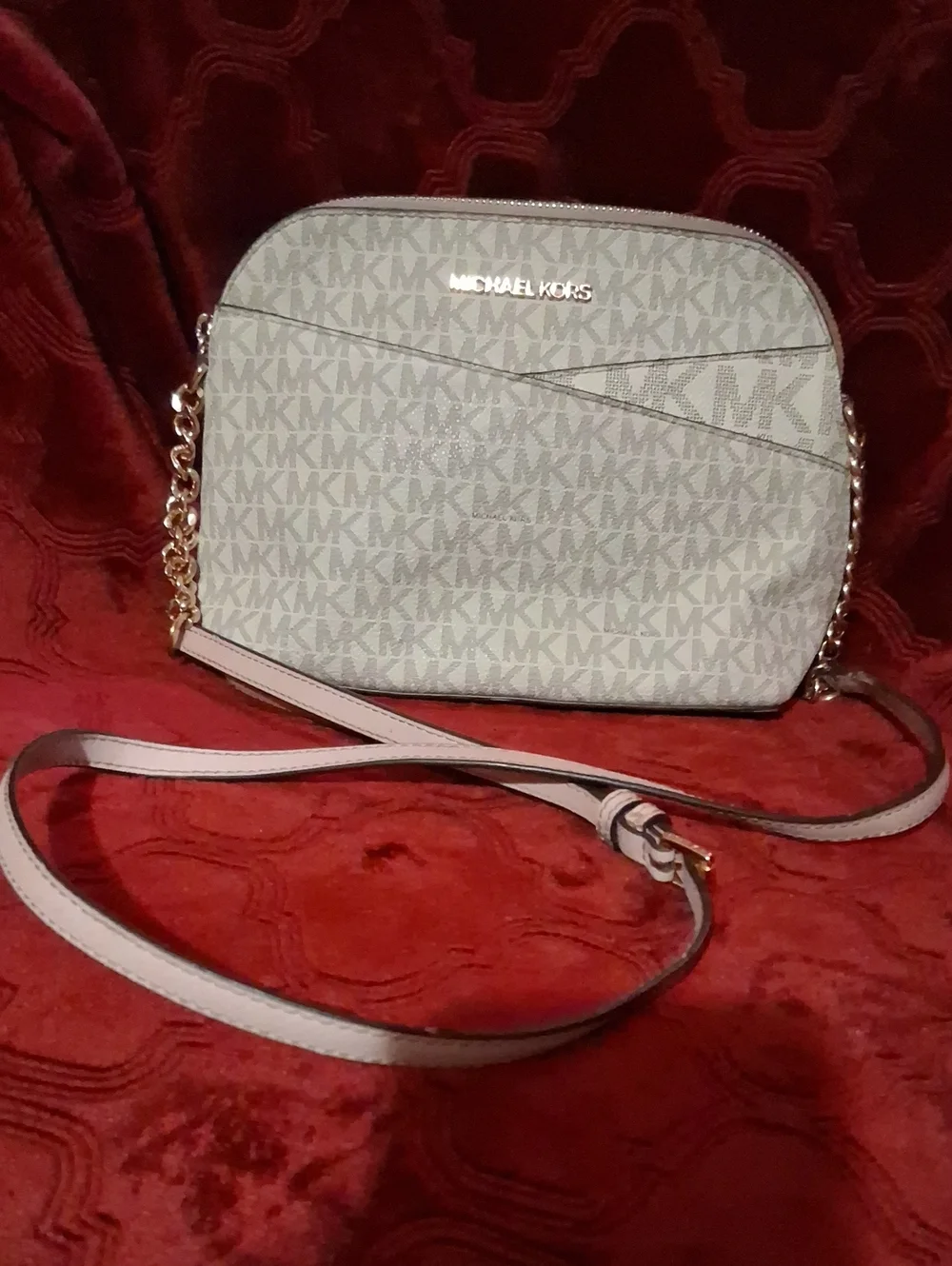 Michael Kors Light Beige Signature MK Dome Crossbody with Gold Chain